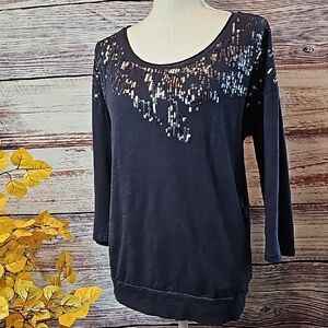 ANN TAYLOR LOFT BLACK 3/4 SLEEVE SEQUIN PULLOVER TOP